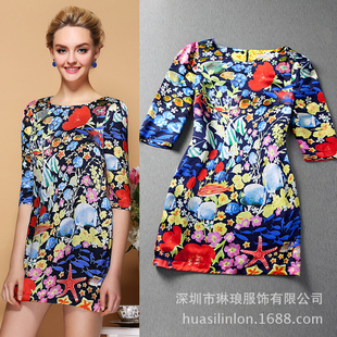 批發(fā)采購連衣裙-服裝批發(fā)加盟 品牌女裝 新款 真絲定位印花 海底世界中袖連衣裙女.